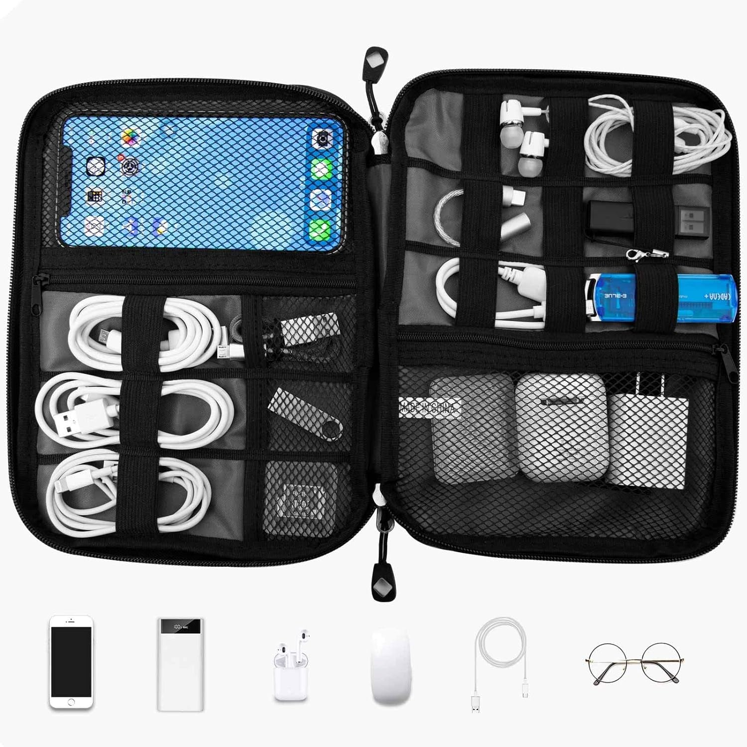 Travel Cable Organizer Bag | Waterproof Electronics Accessories Case with 5 Cable Ties (Grey)