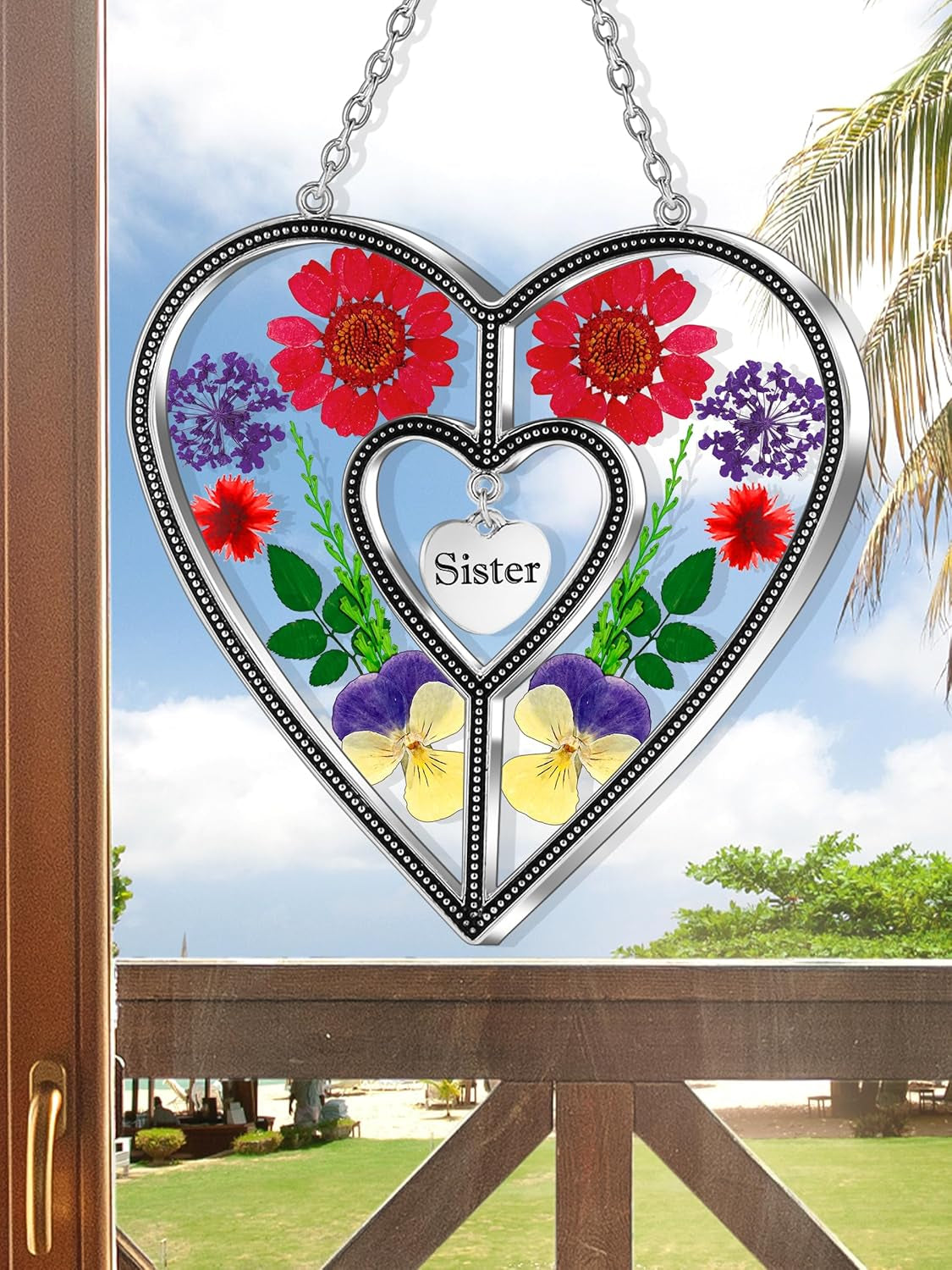 Heart Suncatcher with Real Flower | Stained Glass Window Hanging for Women