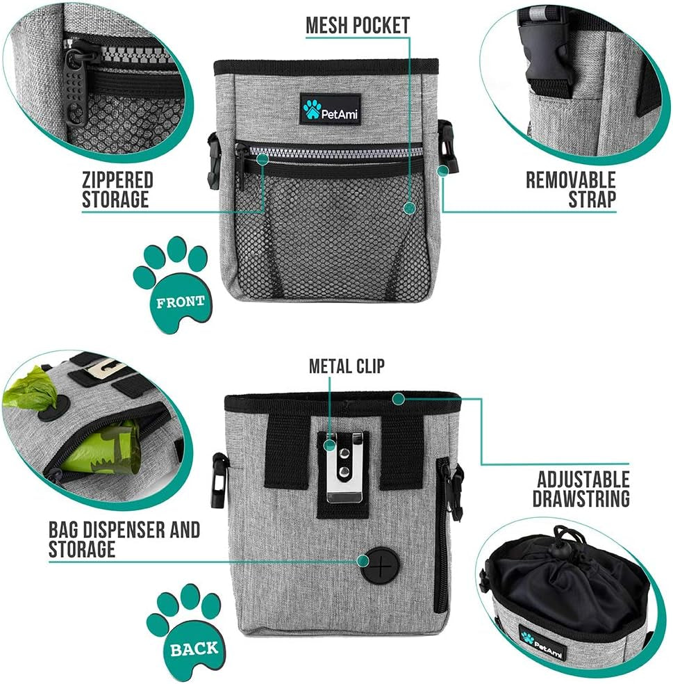 Dog Treat Pouch with Poop Bag Dispenser & 3-Way Wear (Heather Gray)