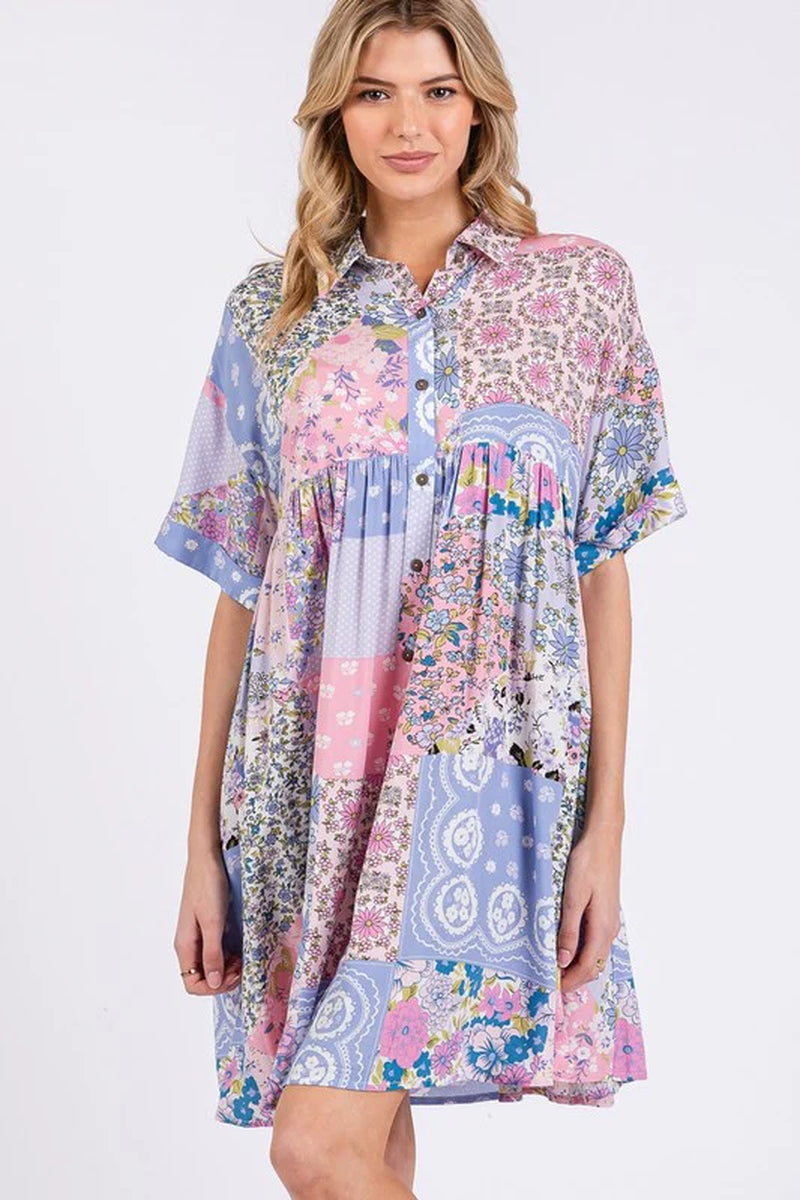 Floral Collared Half Sleeve Mini Shirt Dress
