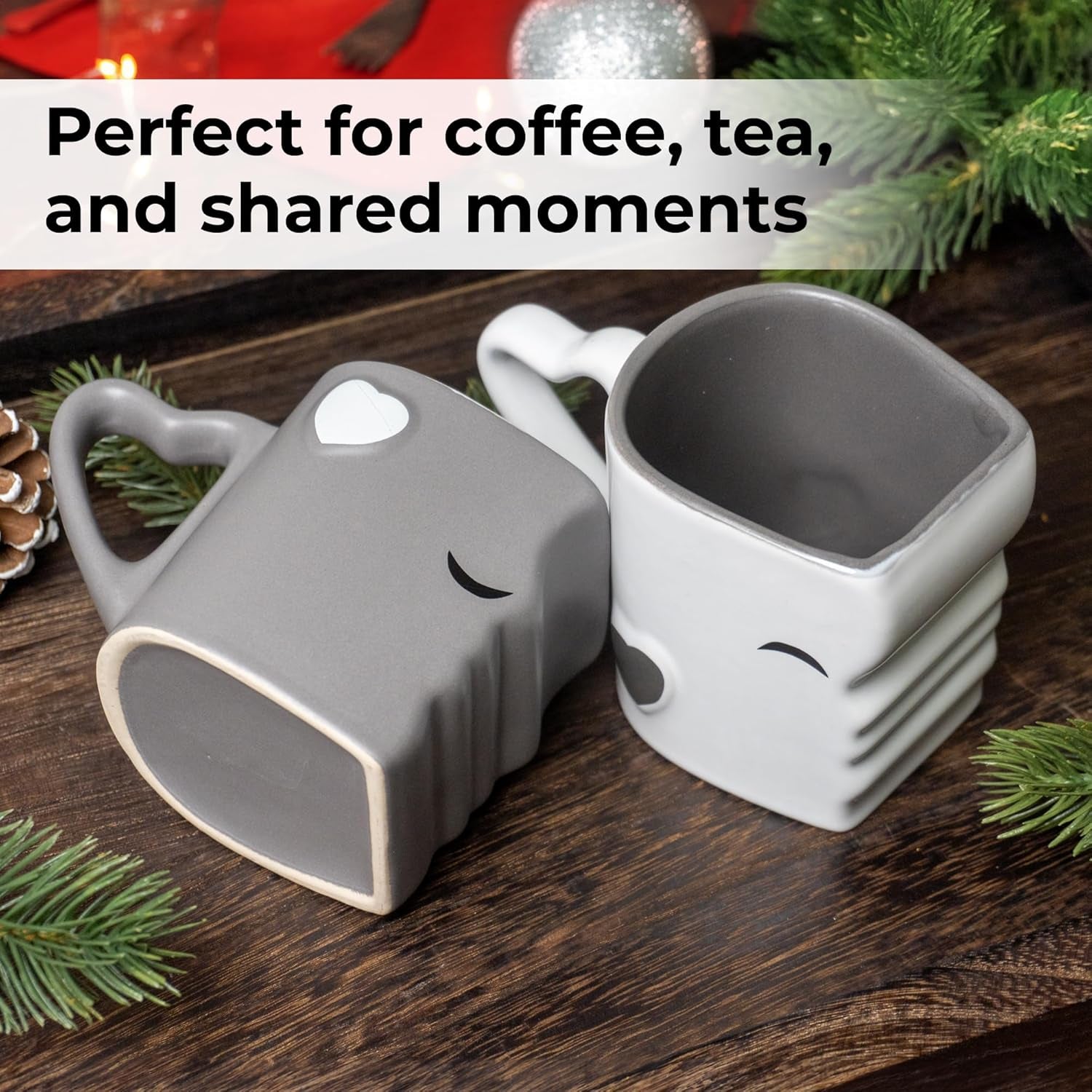 Ceramic Kissing Coffee Mugs Set with Gift Box (Gray)