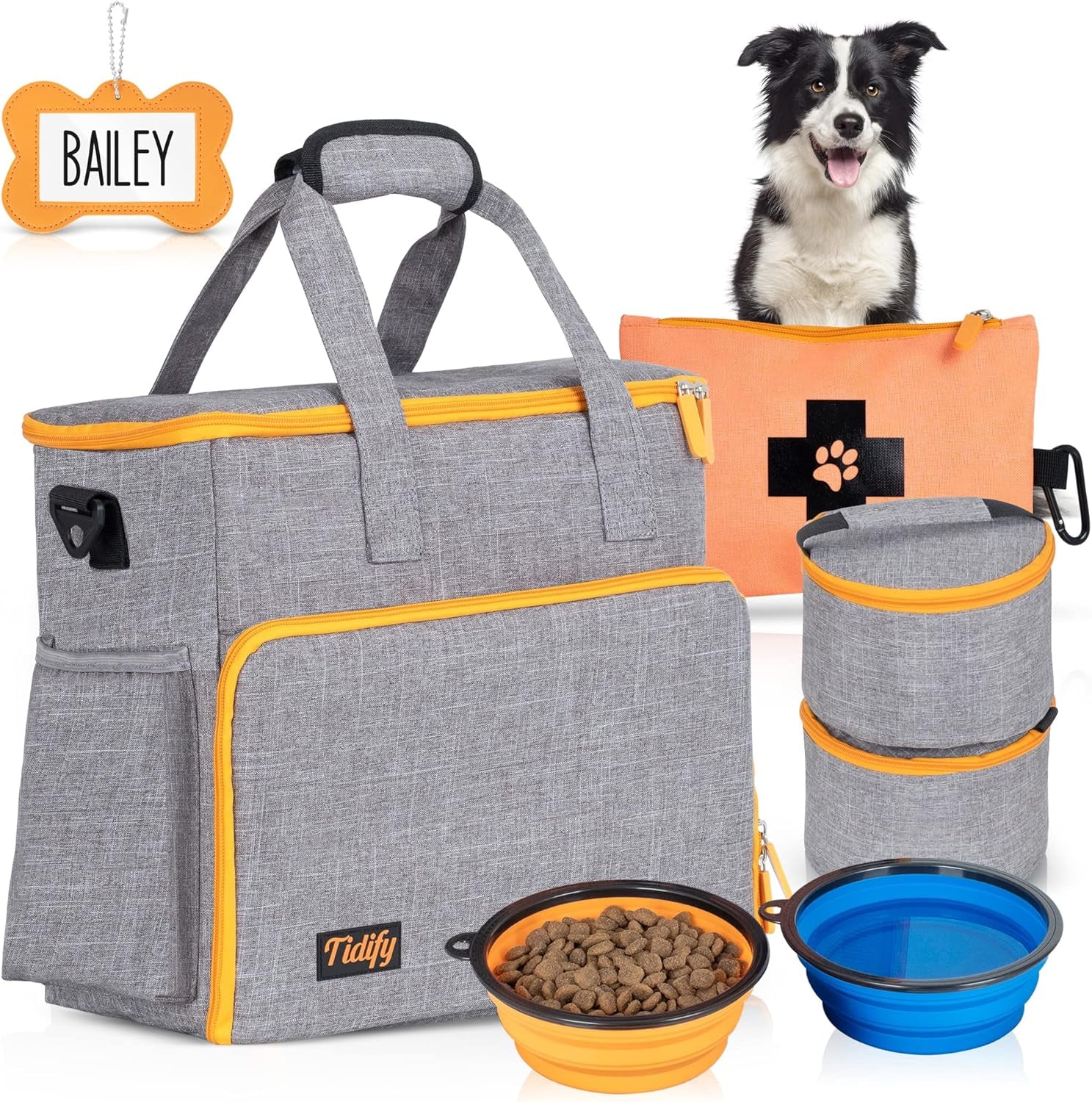 Airline Approved Dog Travel Bag with Tote Organizer, Food Containers & Collapsible Bowls - Gray