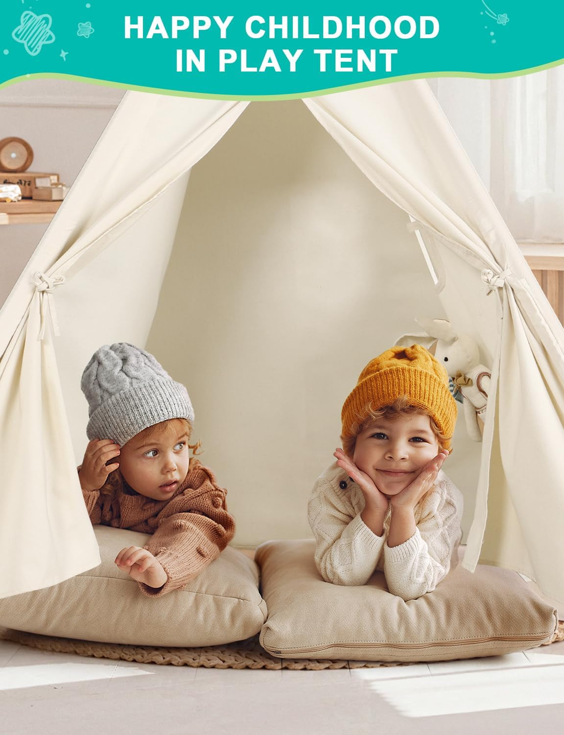 Kids Teepee Tent – Foldable Canvas Play Tent with Lights & Bag for Indoor/Outdoor Use