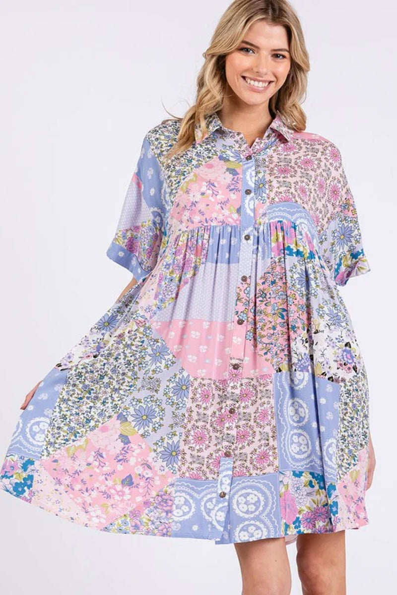 Floral Collared Half Sleeve Mini Shirt Dress