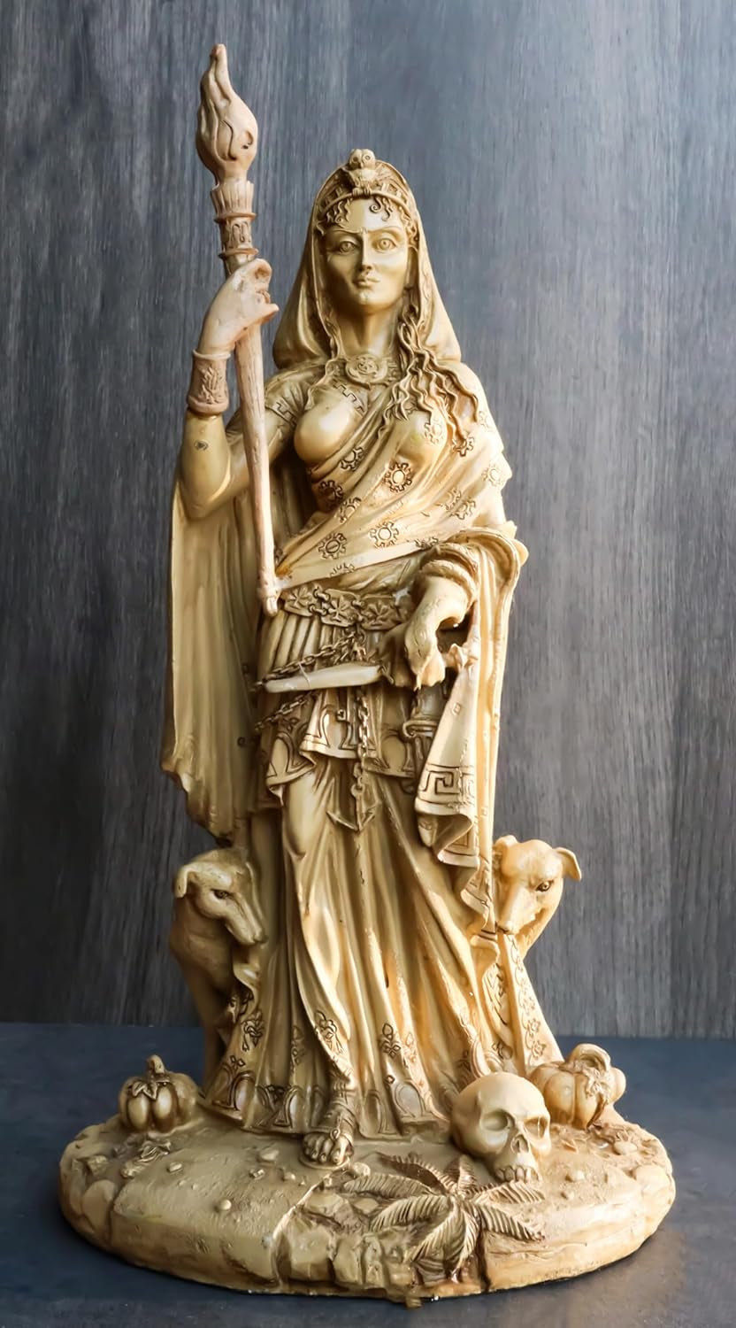 Hecate Statue | Greek Goddess of Magic & Witchcraft with She-Dogs Figurine (Ivory Beige)