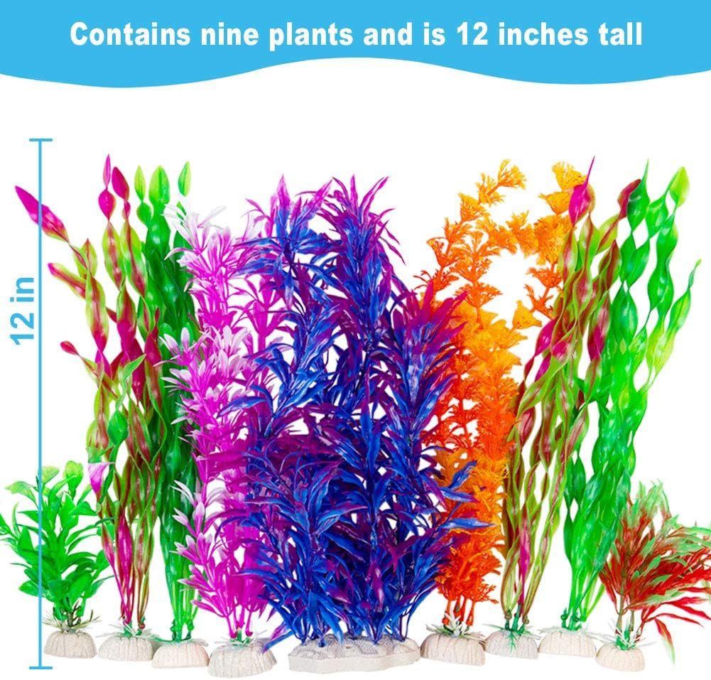 9-Pack Large Artificial Aquarium Plants | Vivid Simulated Aquatic Landscape (12 Inch)