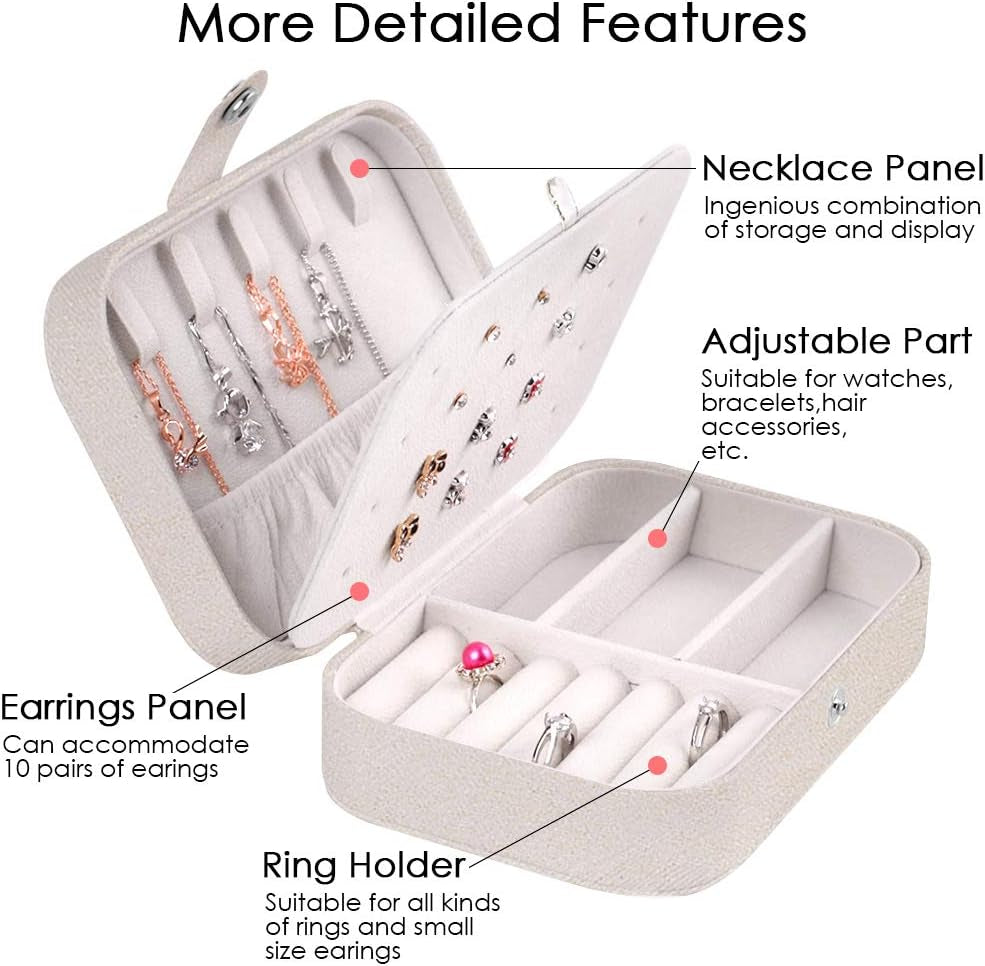 PU Leather Jewelry Box | Travel Organizer for Necklaces, Rings, Earrings (Glitter White)