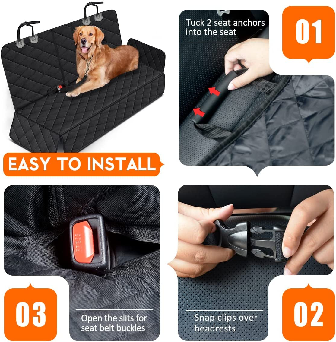 Dog Car Seat Cover | Waterproof Back Seat Protector for Dogs, Non-Slip Bench Cover (Black)