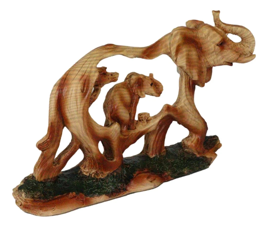 Faux Wood Elephant Family Garden Statue 4.5 Inch