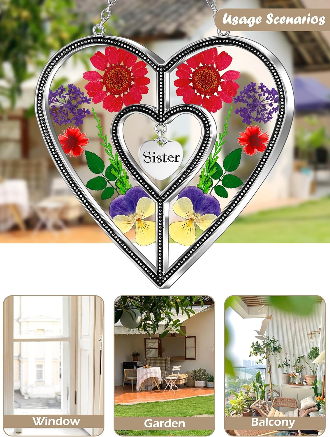 Heart Suncatcher with Real Flower | Stained Glass Window Hanging for Women