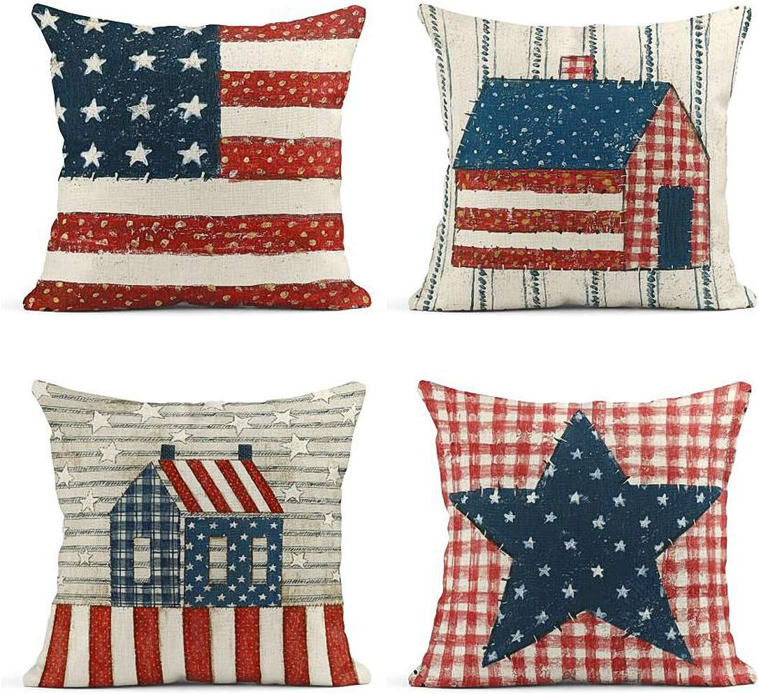 4th of July Linen Throw Pillow Covers | Set of 4 Patriotic Decor 18x18 Inch