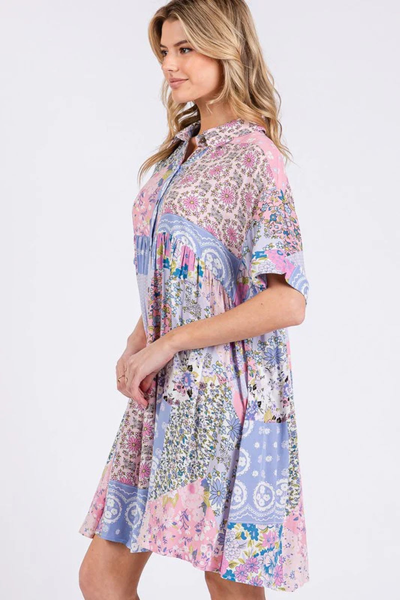 Floral Collared Half Sleeve Mini Shirt Dress