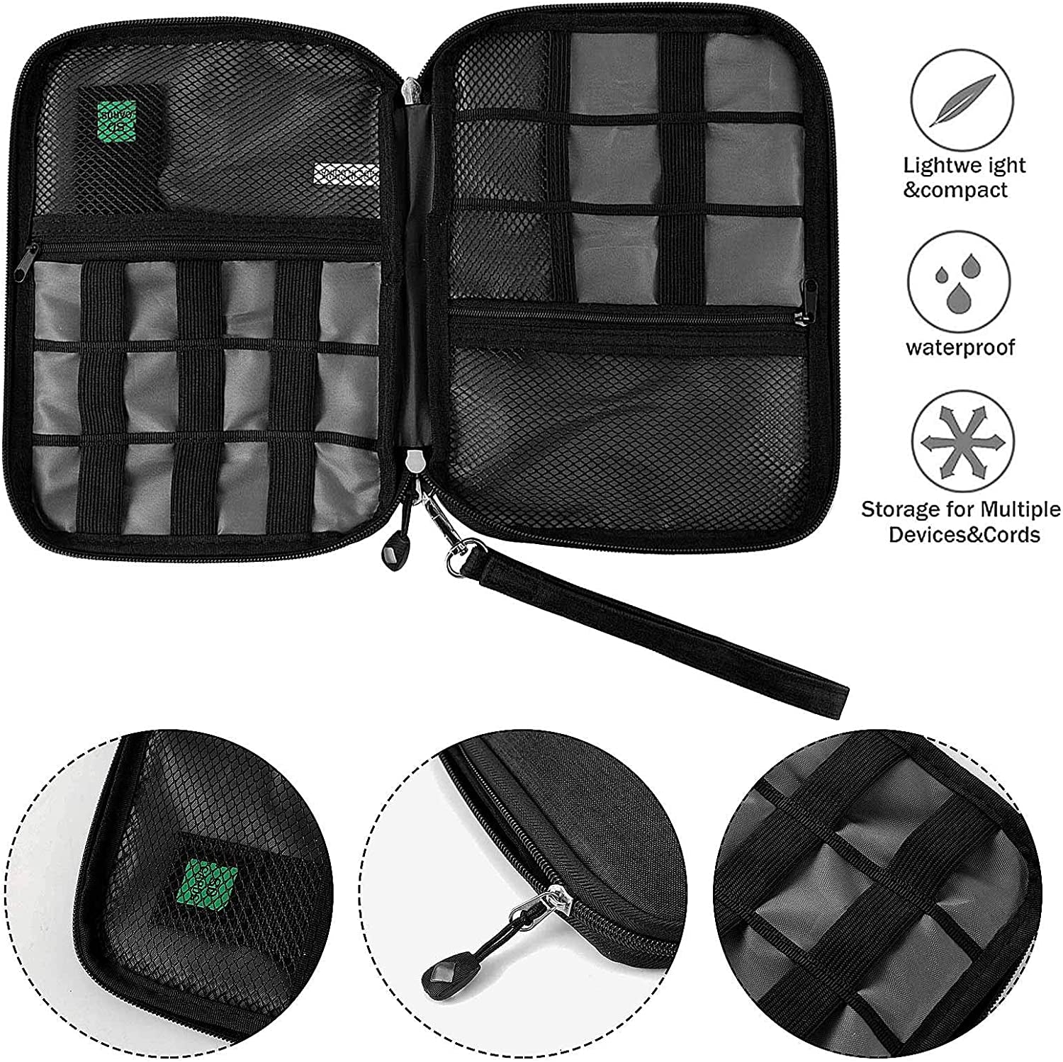 Travel Cable Organizer Bag | Waterproof Electronics Accessories Case with 5 Cable Ties (Grey)
