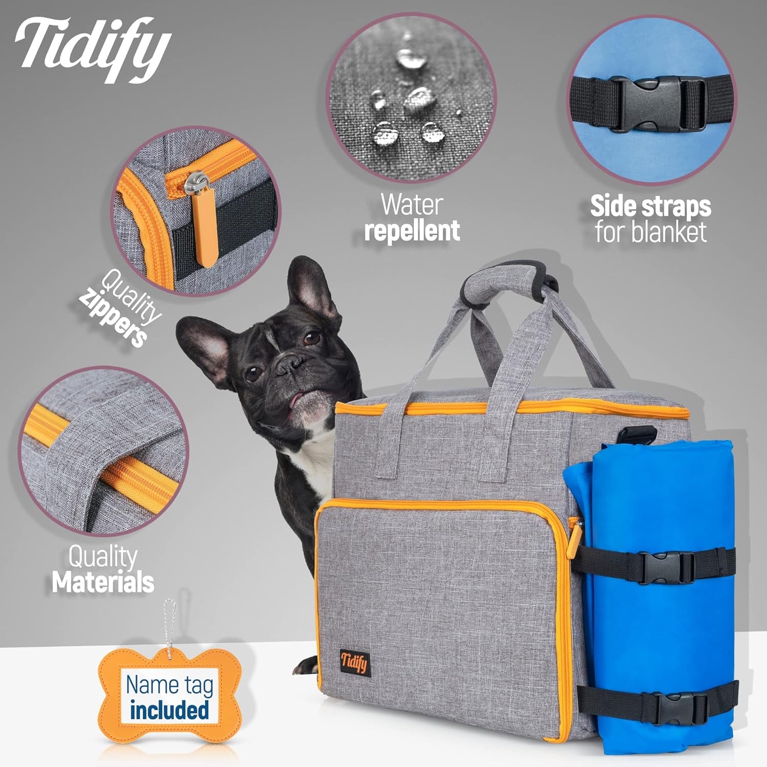 Airline Approved Dog Travel Bag with Tote Organizer, Food Containers & Collapsible Bowls - Gray