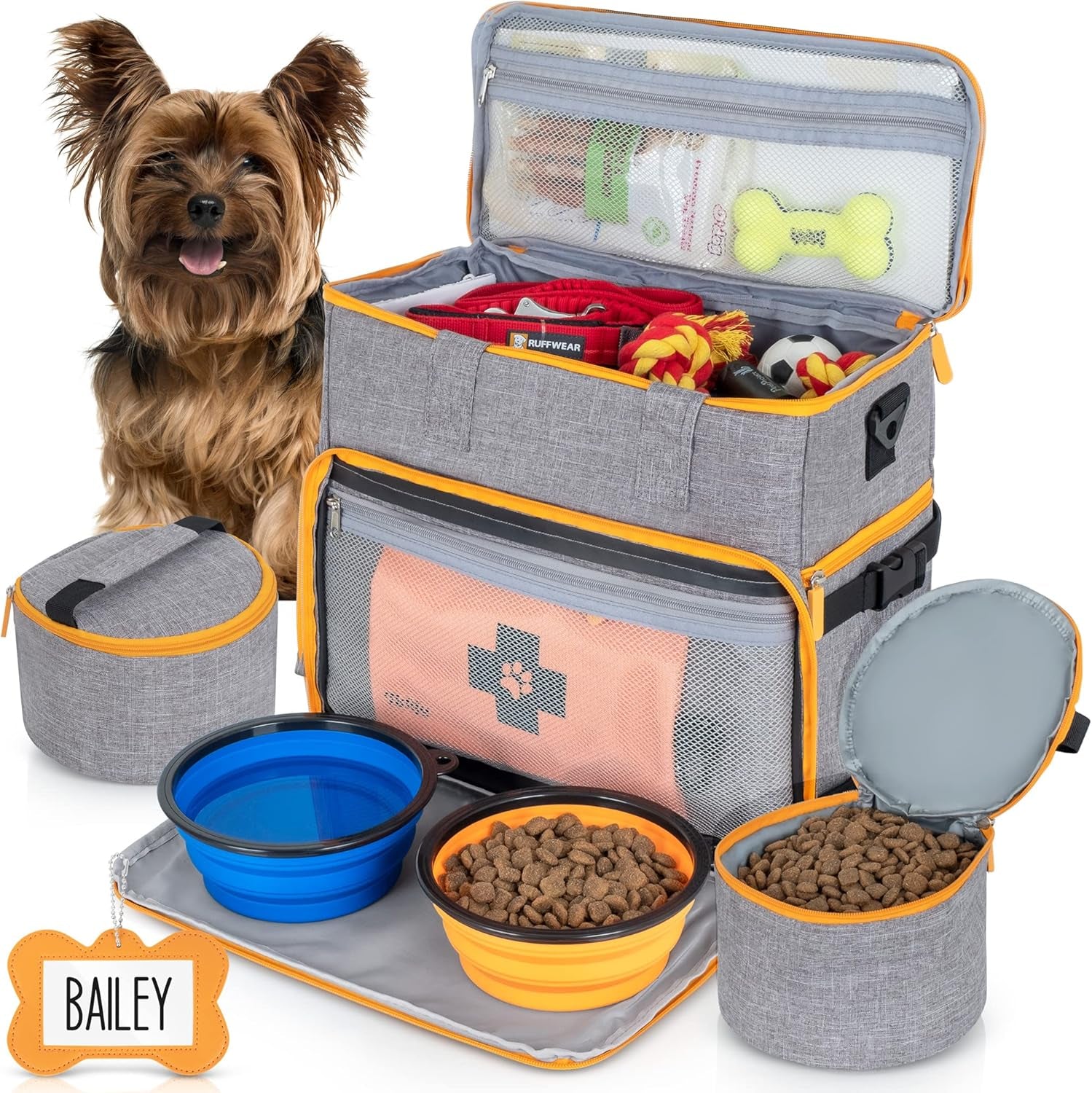 Airline Approved Dog Travel Bag with Tote Organizer, Food Containers & Collapsible Bowls - Gray