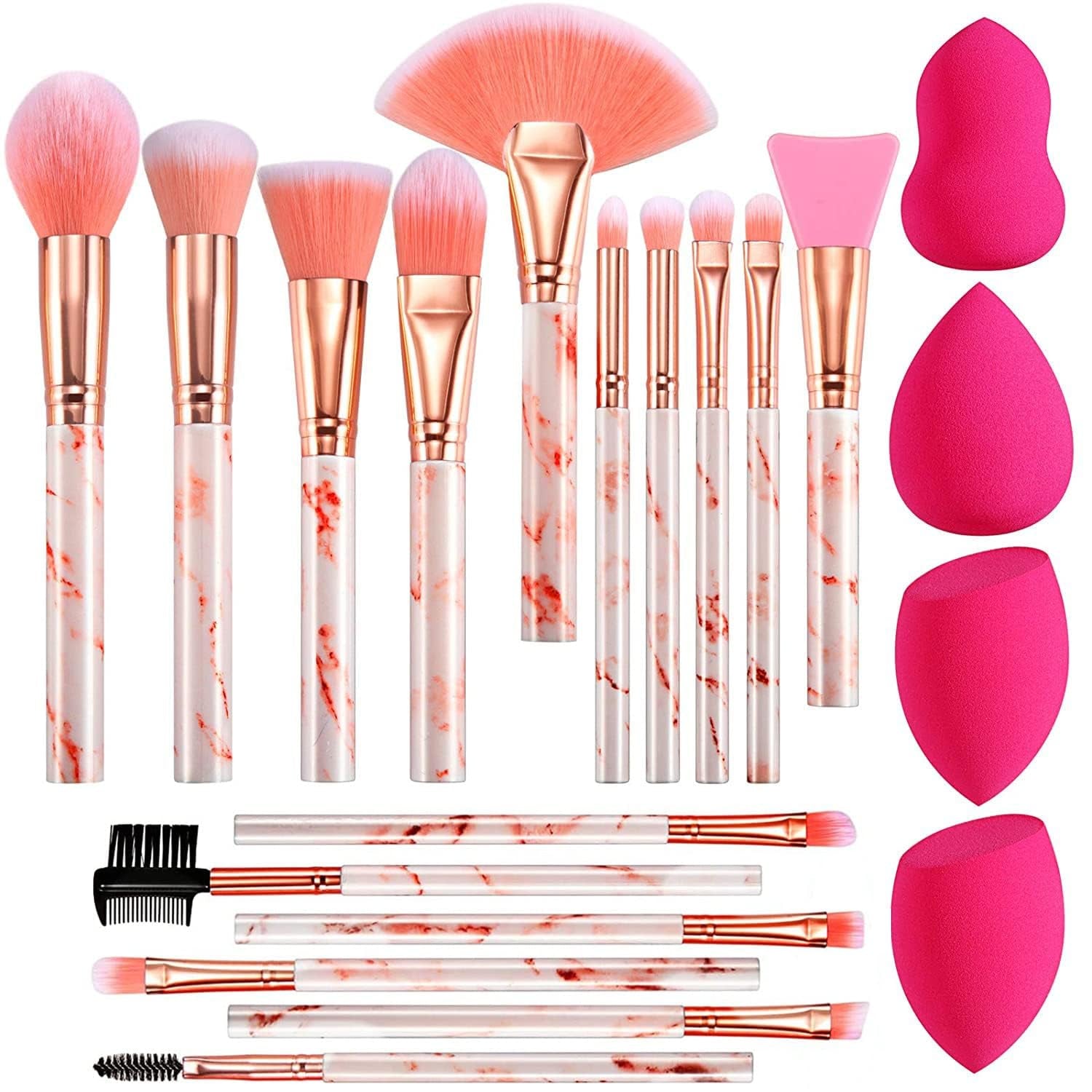 16PCS Professional Makeup Brushes Set | Marble Handle with Sponge Blenders & Tools