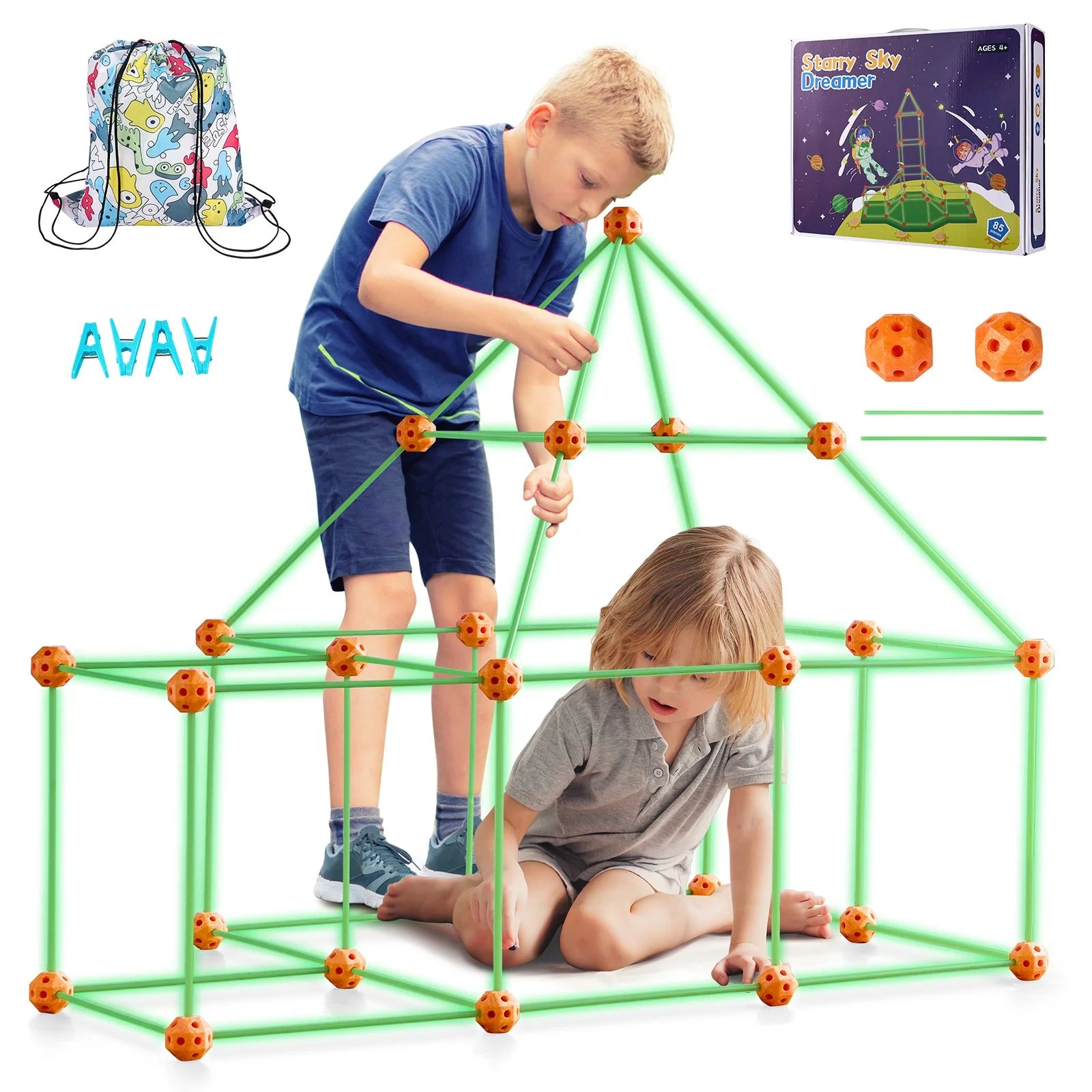 Tent Fort Building Kit for Kids | Glow in the Dark STEM Construction Toy (85 Pieces)
