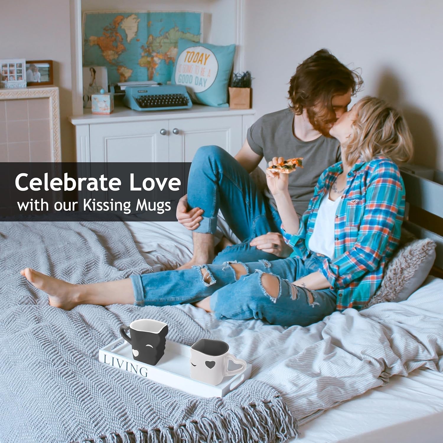 Ceramic Kissing Coffee Mugs Set with Gift Box (Gray)