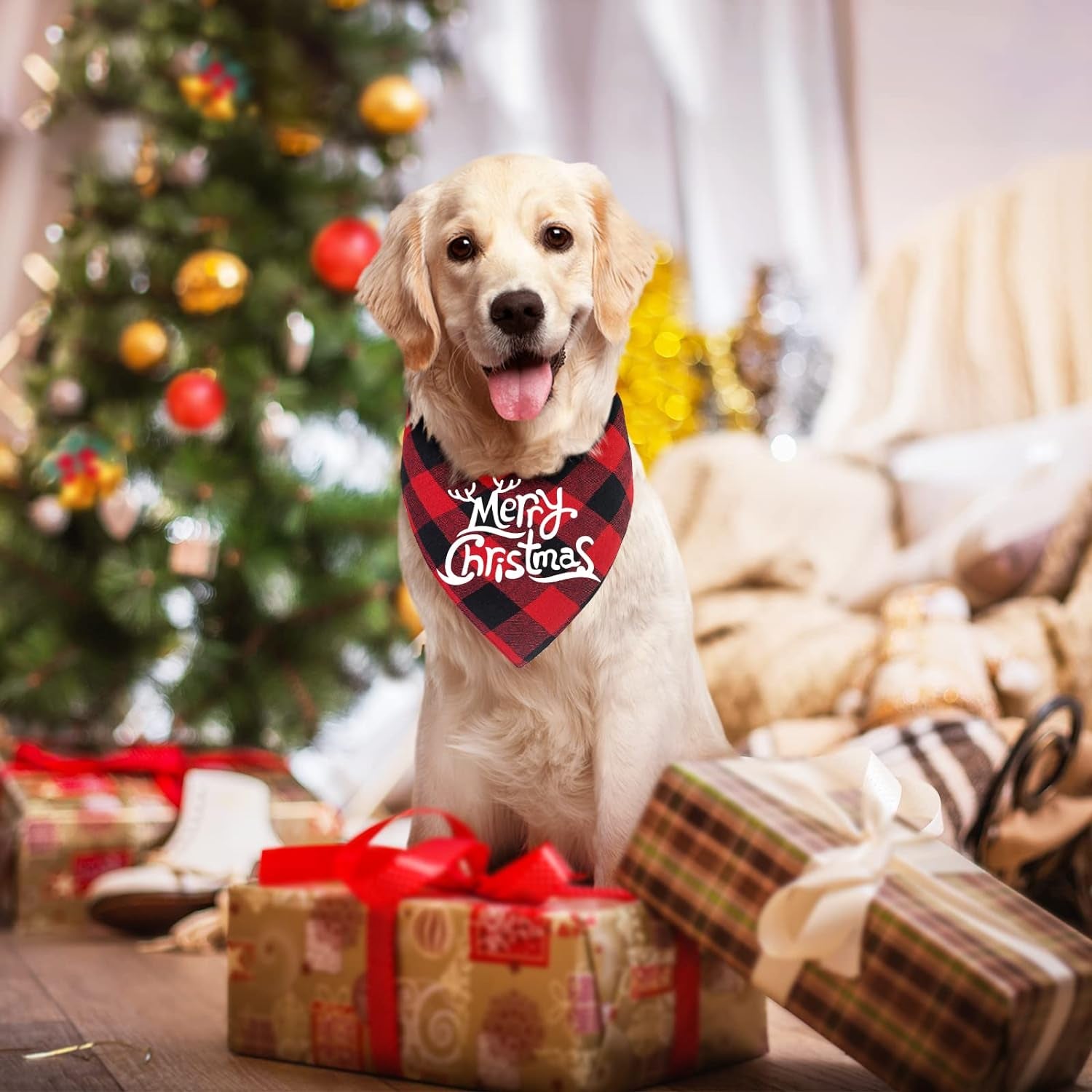2-Pack Christmas Buffalo Plaid Dog Bandanas | Triangle Bibs for Small to Large Pets