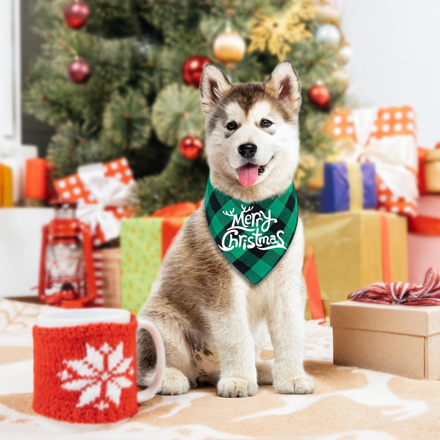 2-Pack Christmas Buffalo Plaid Dog Bandanas | Triangle Bibs for Small to Large Pets