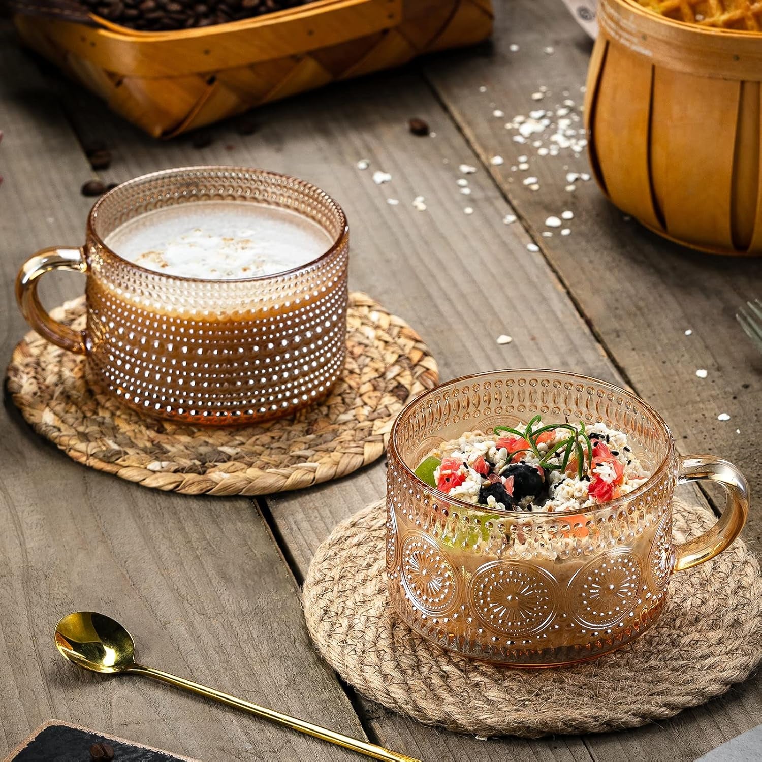 Vintage 14 Oz Amber Coffee Mugs Set of 2 | Glass Tea Cups for Latte & Cappuccino