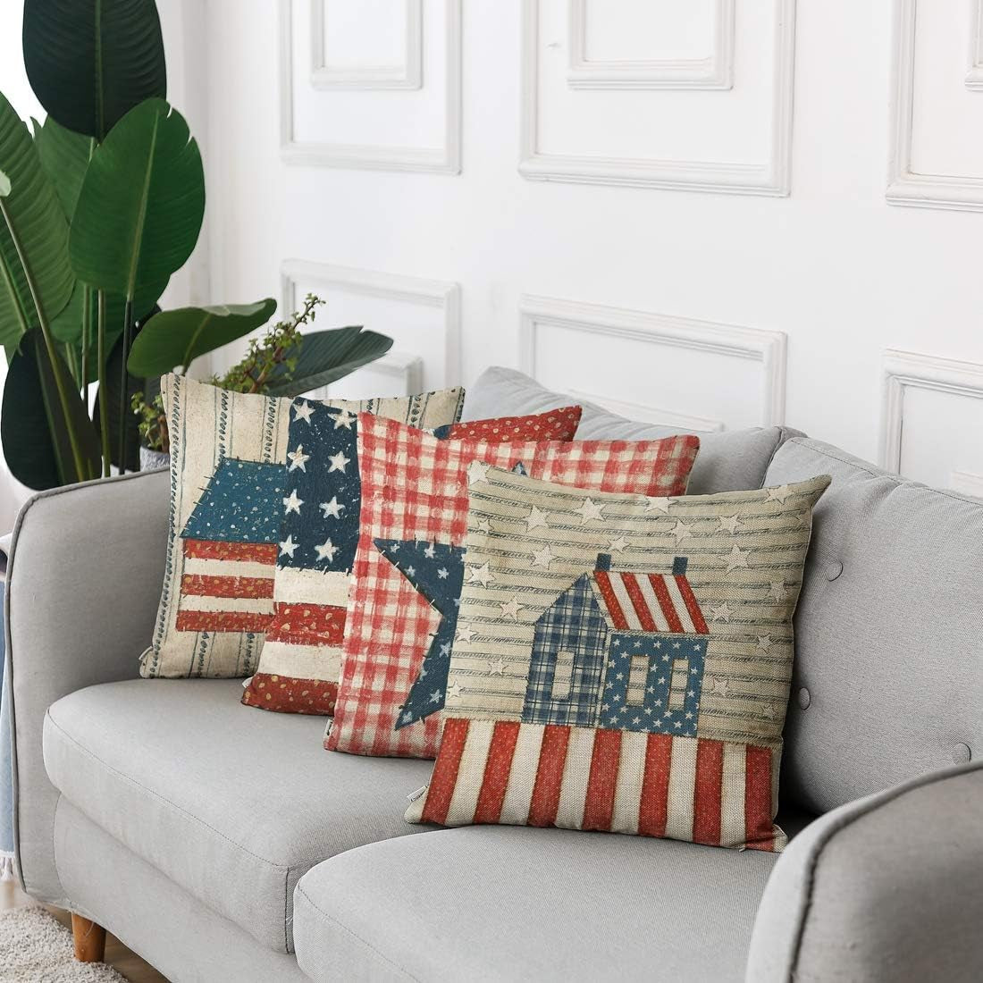 4th of July Linen Throw Pillow Covers | Set of 4 Patriotic Decor 18x18 Inch