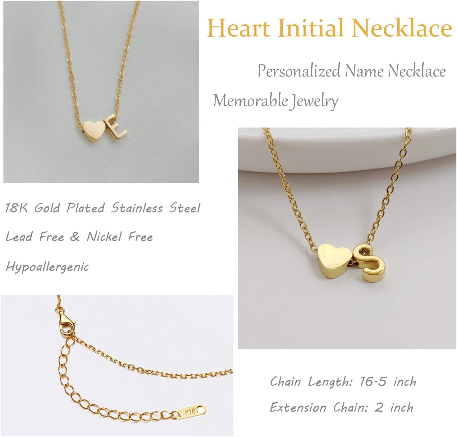 18K Gold-Plated Initial Heart Necklace | Personalized Monogram Pendant for Women