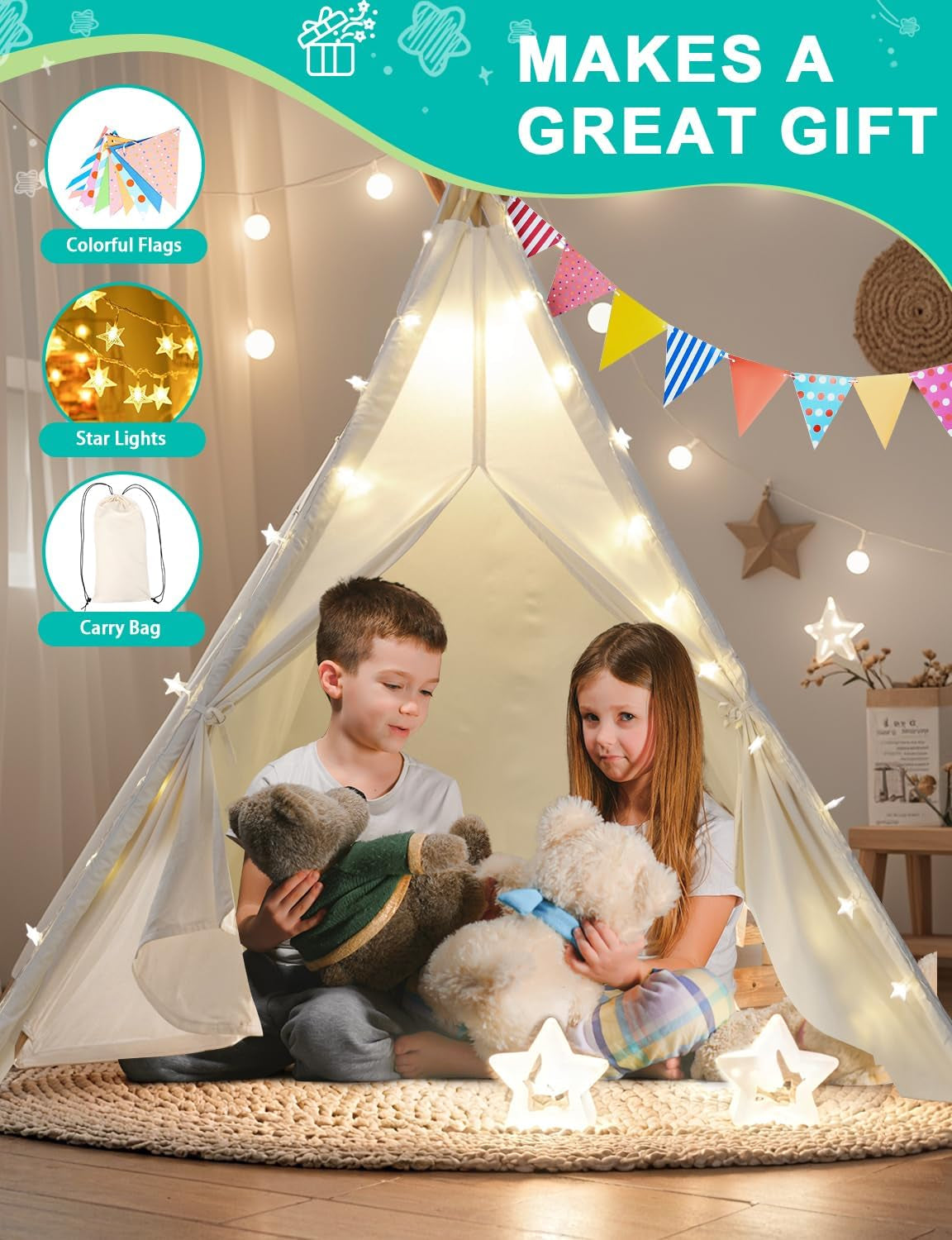 Kids Teepee Tent – Foldable Canvas Play Tent with Lights & Bag for Indoor/Outdoor Use