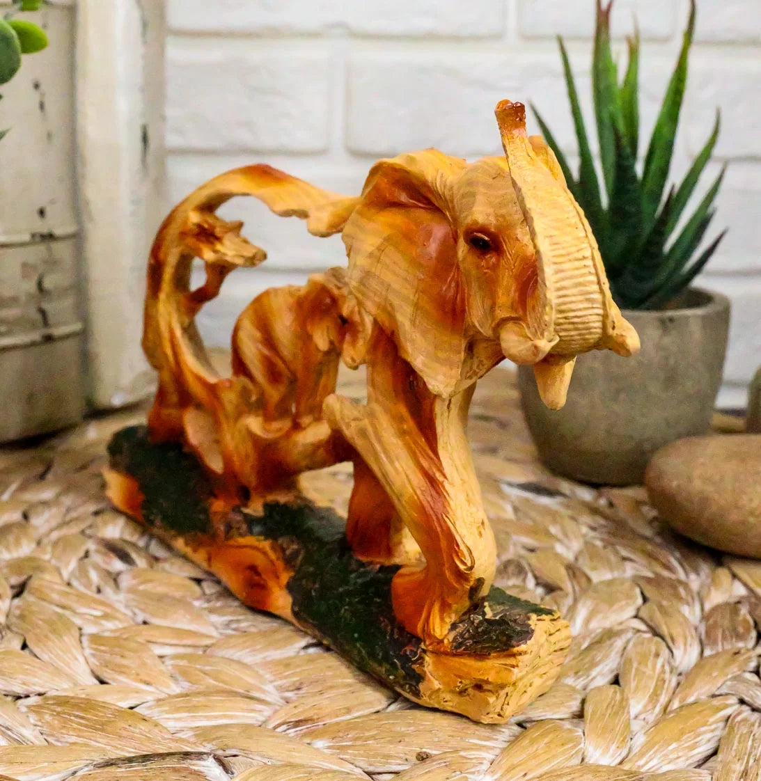 Faux Wood Elephant Family Garden Statue 4.5 Inch