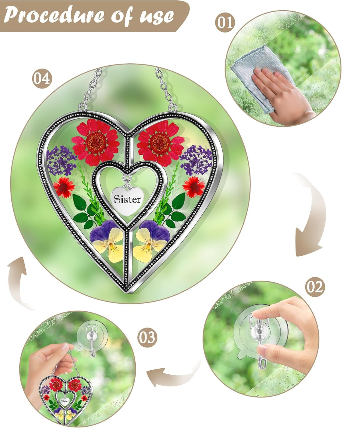 Heart Suncatcher with Real Flower | Stained Glass Window Hanging for Women