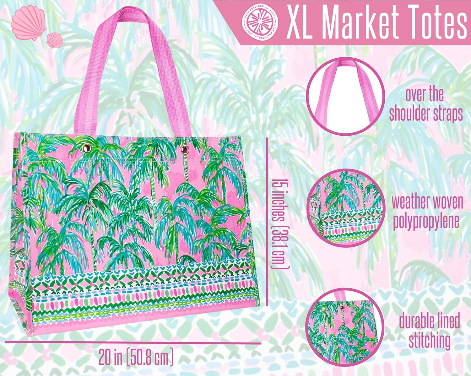 XL Reusable Market Shopper Bag with Shoulder Straps (Pink/Green)