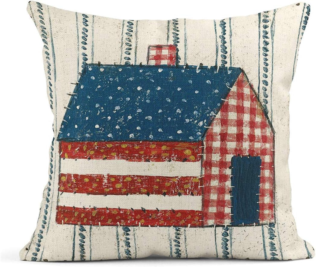 4th of July Linen Throw Pillow Covers | Set of 4 Patriotic Decor 18x18 Inch