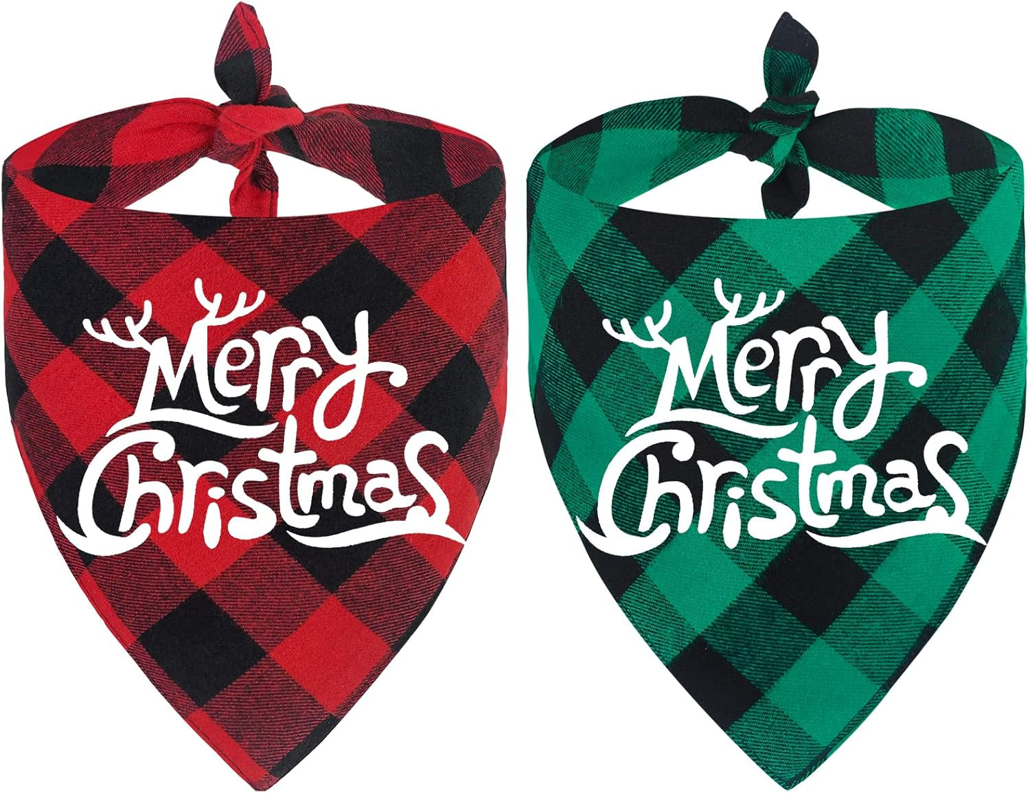 2-Pack Christmas Buffalo Plaid Dog Bandanas | Triangle Bibs for Small to Large Pets