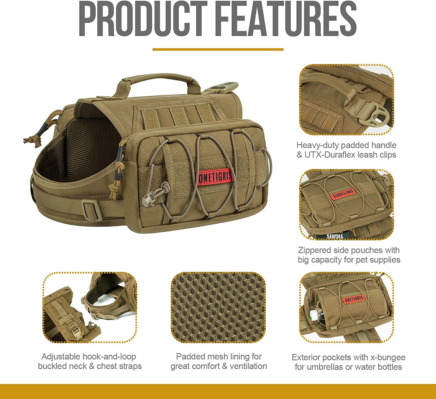 Tactical Dog Backpack for Medium & Large Dogs | Nylon Pet Backpack (Brown, Medium)