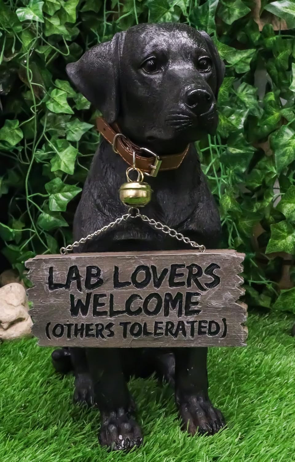 Lifelike Labrador Retriever Statue with Jingle Collar & Greeting Sign (13.25" H, Black)