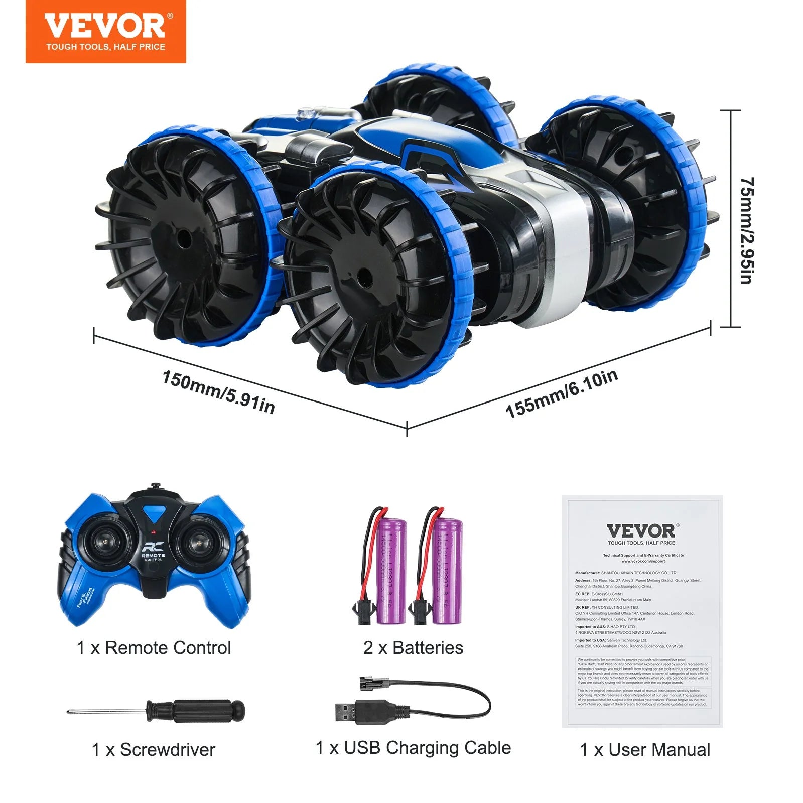 Amphibious Remote Control Car Boat | 2.4GHz 4WD RC Boat for Kids & Adults (Blue)