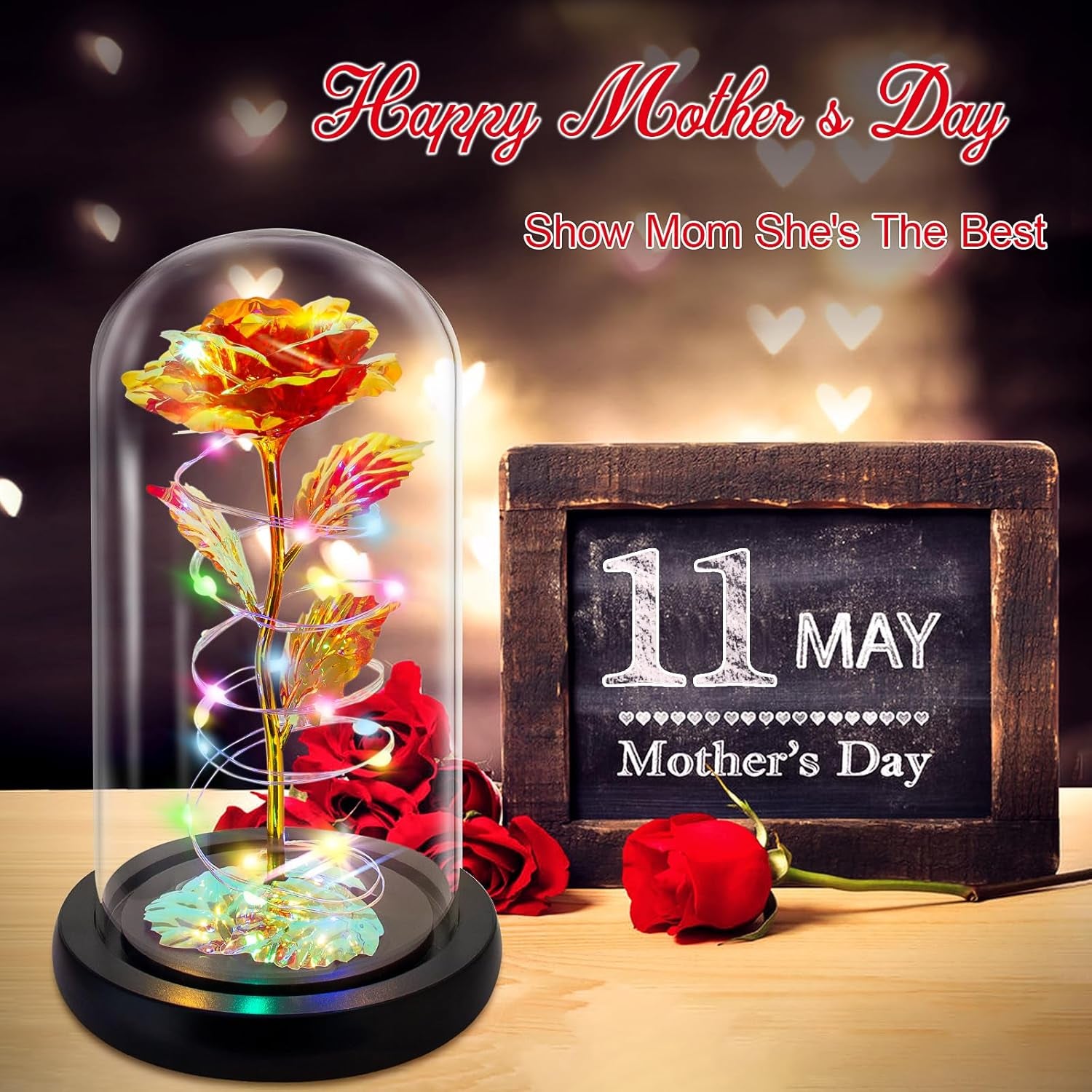 Colorful Light-Up Rose in Glass Dome | Mother’s Day & Birthday Gift for Mom, Wife, Grandma