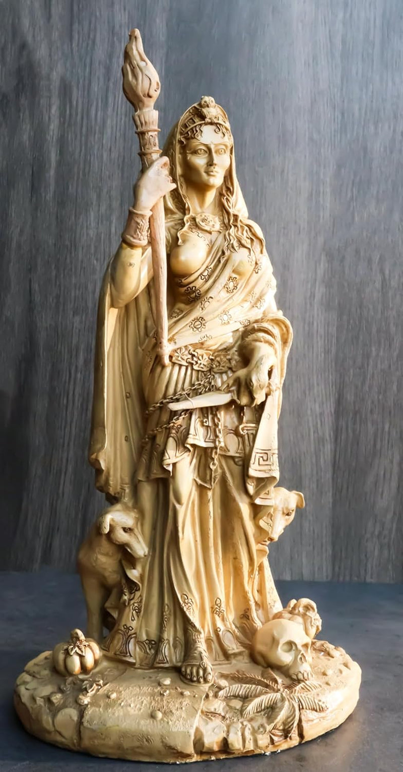 Hecate Statue | Greek Goddess of Magic & Witchcraft with She-Dogs Figurine (Ivory Beige)