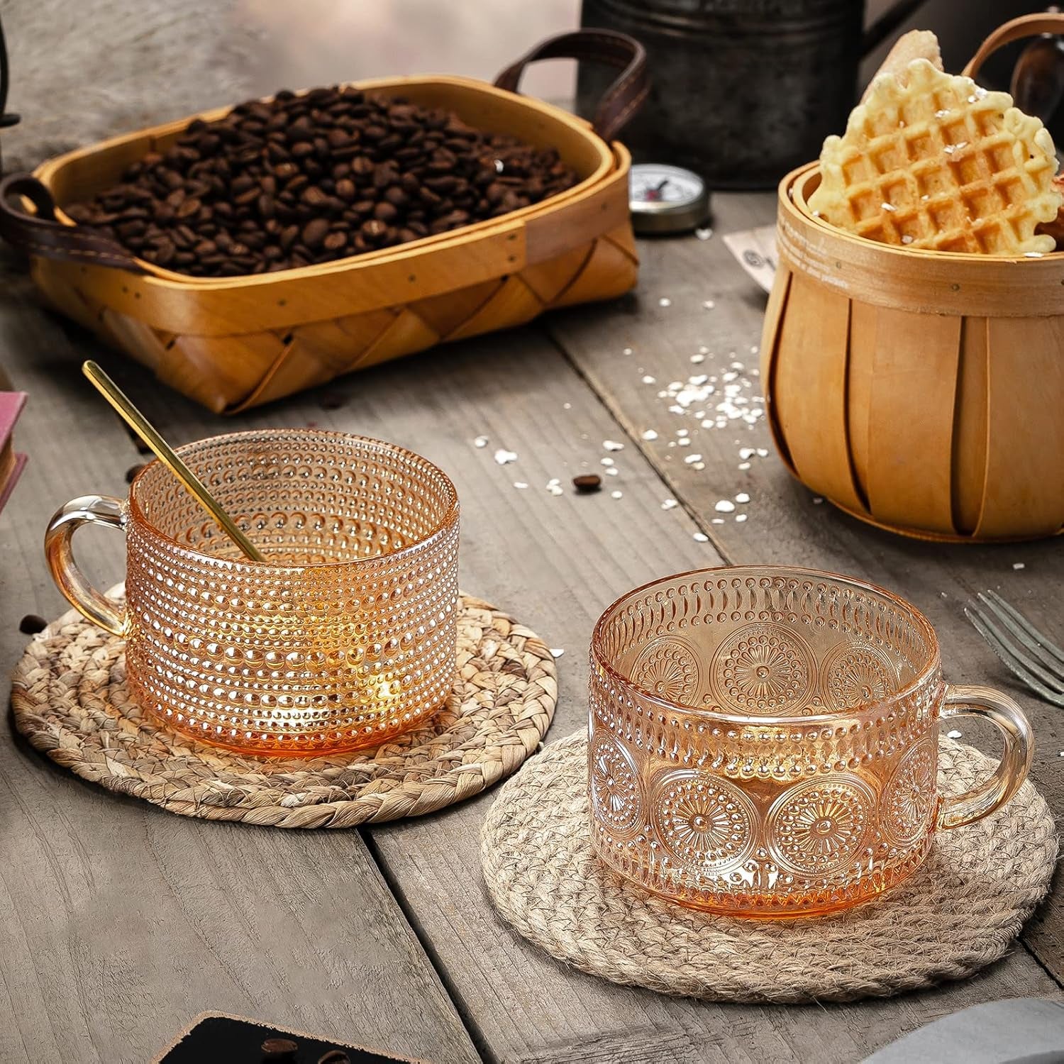 Vintage 14 Oz Amber Coffee Mugs Set of 2 | Glass Tea Cups for Latte & Cappuccino