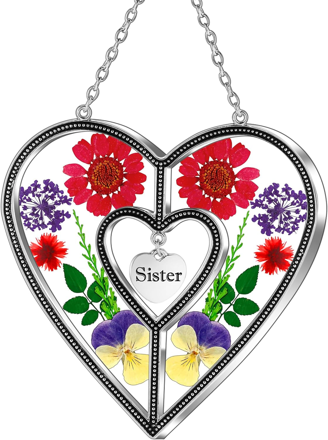 Heart Suncatcher with Real Flower | Stained Glass Window Hanging for Women