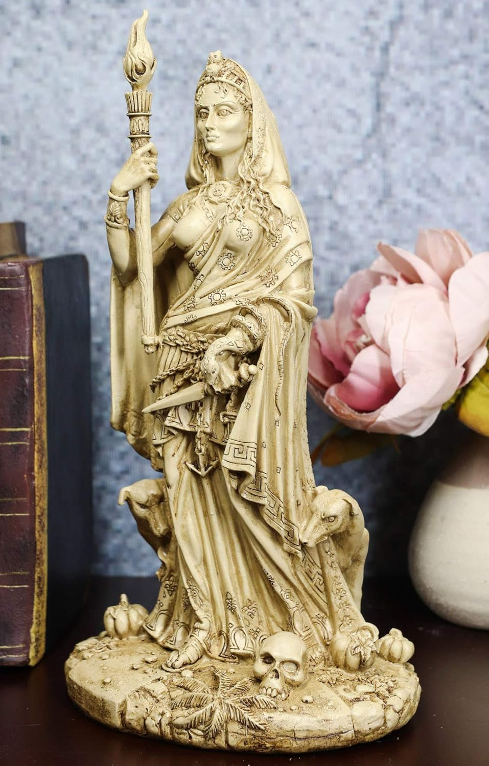 Hecate Statue | Greek Goddess of Magic & Witchcraft with She-Dogs Figurine (Ivory Beige)