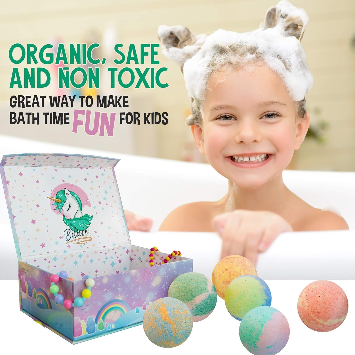 Unicorn Bath Bombs with Jewelry & Toy for Girls | Organic, Skin Moisturizing Gift