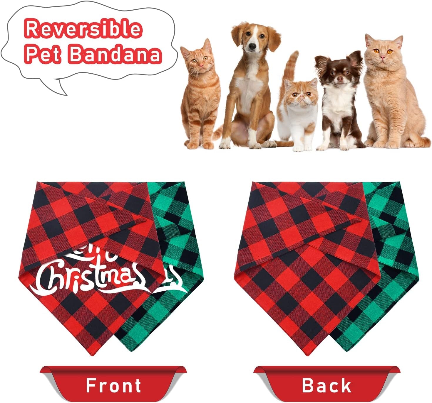 2-Pack Christmas Buffalo Plaid Dog Bandanas | Triangle Bibs for Small to Large Pets