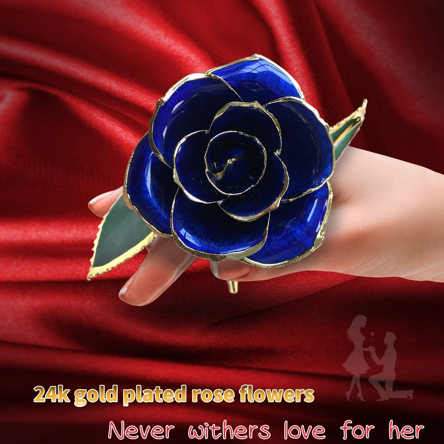 24K Golden Rose Birthday Gift for Her | Real Fresh Long Stem Rose with Stand (Blue)