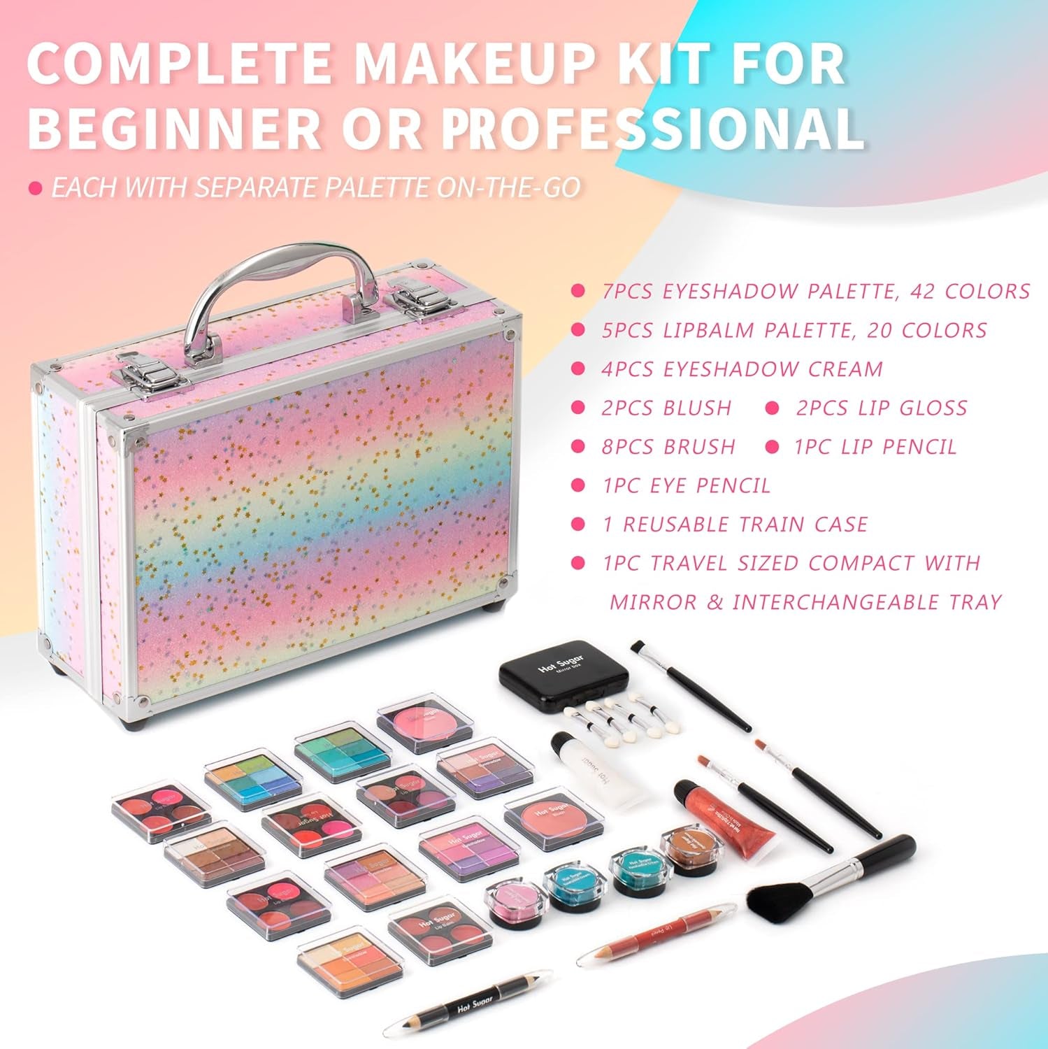 Teen Makeup Kit | Starter Set with Eye Shadow, Lip Balm, Blush, Brush & Mirror (Rainbow)